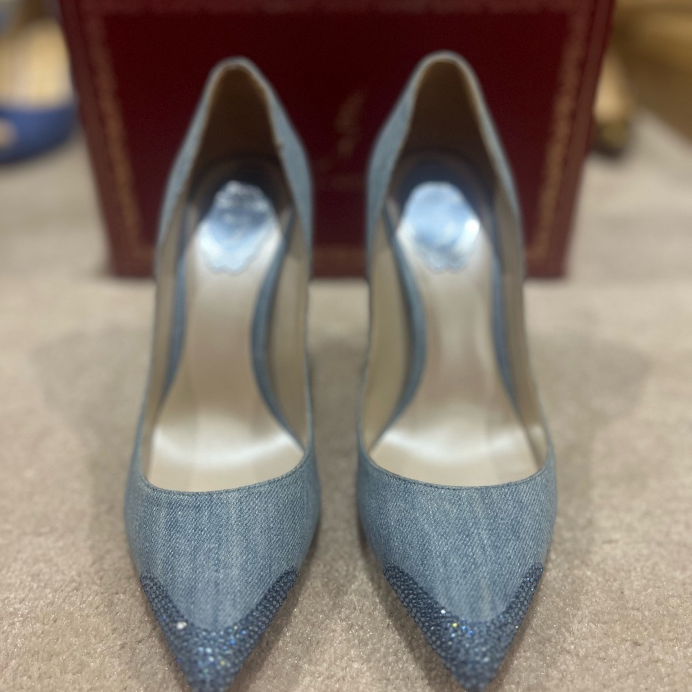 Rene Caovilla Denim Crystal Embellished Pumps